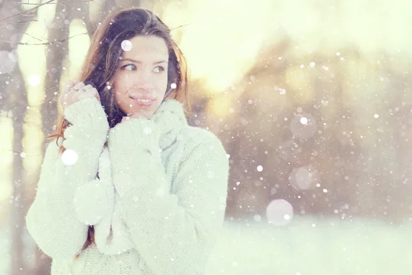 Menina morena na floresta nevada — Fotografia de Stock