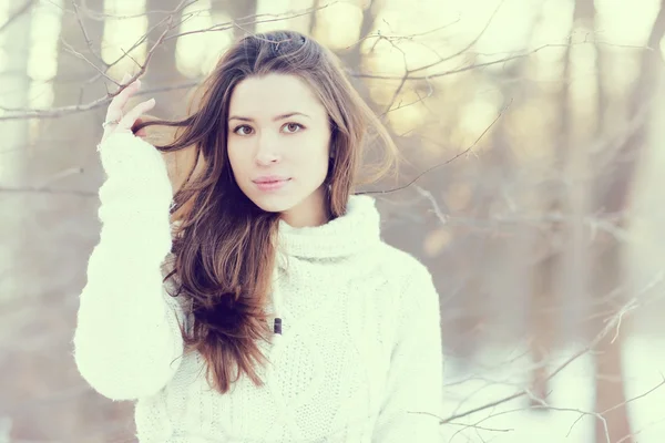 Menina morena na floresta nevada — Fotografia de Stock