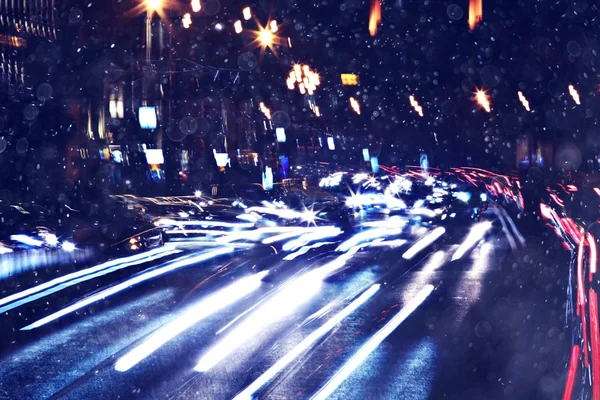 City lights on winter road — Stock Photo, Image