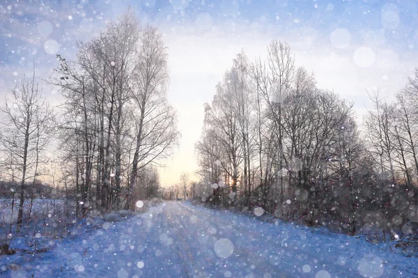 Snöig Vinterväg i skogen — Stockfoto