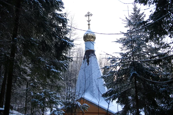 Capela de madeira na floresta de inverno — Fotografia de Stock