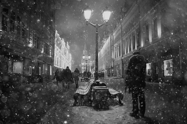 Snowy benches at night city — Stock Photo, Image