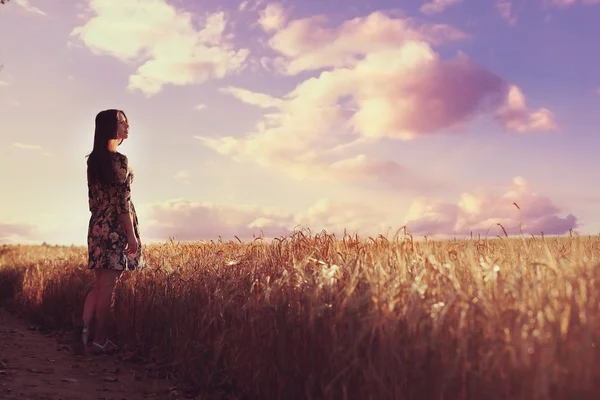 Menina na paisagem rústica de trigo — Fotografia de Stock