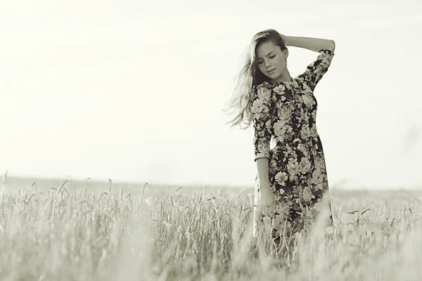 Chica en el paisaje rústico de trigo —  Fotos de Stock