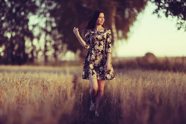Meisje in het rustieke landschap van tarwe — Stockfoto