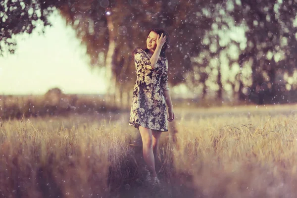 Chica en el paisaje rústico de trigo — Foto de Stock