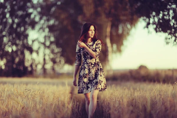 Dziewczyna w stylu rustykalnym krajobraz pszenicy — Zdjęcie stockowe