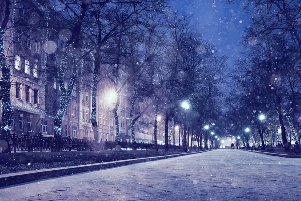 Nächtlicher Schneefall und Bäume — Stockfoto