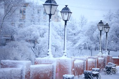 Şehir parkındaki manzara tezgahı Kış ayazı, Noel sabahı şehirde