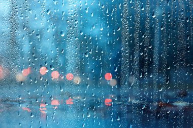 Dalların ıslak cam manzarası sonbaharda park yeri, soyut arkaplan damlaları Kasım akşamında pencere kenarında