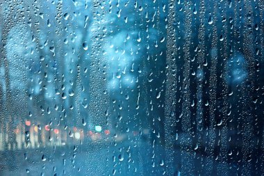 Dalların ıslak cam manzarası sonbaharda park yeri, soyut arkaplan damlaları Kasım akşamında pencere kenarında