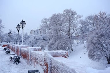 Şehir parkındaki manzara tezgahı Kış ayazı, Noel sabahı şehirde