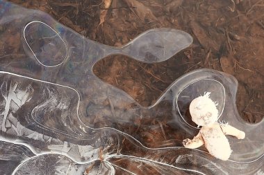 Oyuncak bebek kırılmış korku, kış buzu, arka plan korkusu kayıp çocuk.