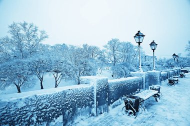 Şehir parkındaki manzara tezgahı Kış ayazı, Noel sabahı şehirde