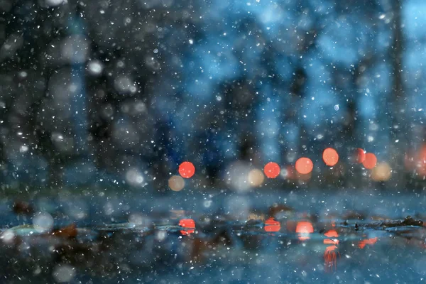 Abstracto Nieve Borrosa Fondo Ciudad Luces Vacaciones Invierno Año Nuevo —  Fotos de Stock