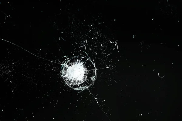 Cracks Black Glass Background Broken Abstract Glass Hole Destruction Concept — Stock Photo, Image
