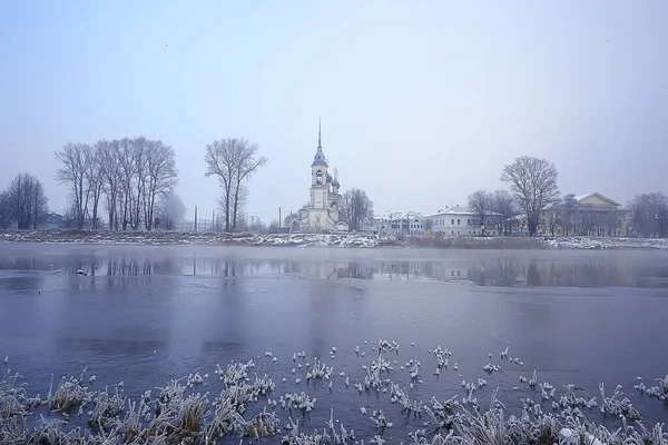 Winter Landscape Church Banks Freezing River Vologda Christianity Baptism Russia — Stock Photo, Image