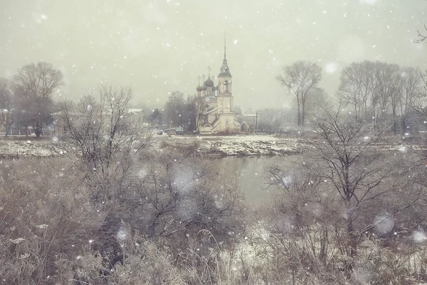 Inverno Paesaggio Chiesa Sulle Rive Del Fiume Gelido Vologda Cristianesimo — Foto Stock