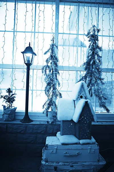 Karácsonyi Design Ablak Dekoráció Elvont Téli Háttér Ablak Házban — Stock Fotó