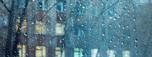 Wet Window City Lights Rain Drops Abstract Background Autumn Winter — Stock Photo, Image