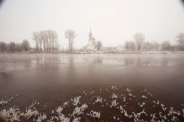 Winter Landscape Church Banks Freezing River Vologda Christianity Baptism Russia — Stock Photo, Image