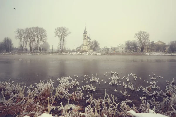 Inverno Paesaggio Chiesa Sulle Rive Del Fiume Gelido Vologda Cristianesimo — Foto Stock