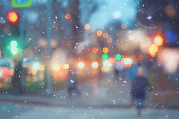 Abstracto Nieve Borrosa Fondo Ciudad Luces Vacaciones Invierno Año Nuevo — Foto de Stock