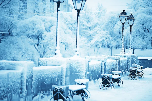 Landscape Bench City Park Winter Frost Christmas Morning City — Stock Photo, Image