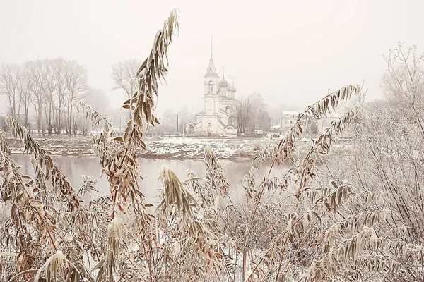 Winter Landscape Church Banks Freezing River Vologda Christianity Baptism Russia — Stock Photo, Image