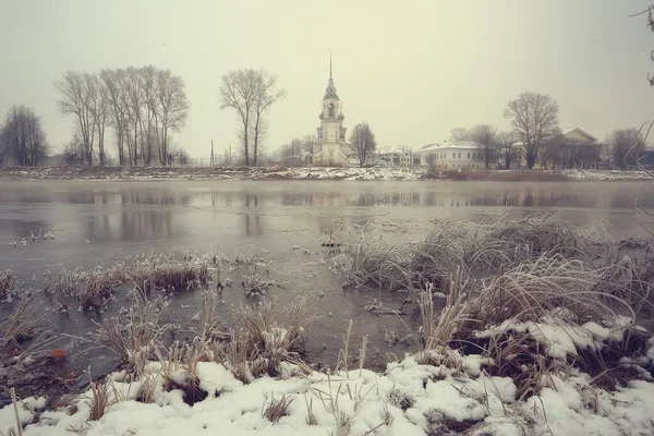 Winter Landscape Church Banks Freezing River Vologda Christianity Baptism Russia — Stock Photo, Image