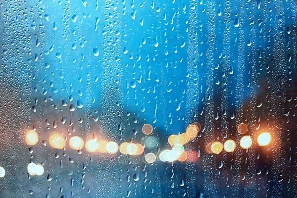 Wet Window City Lights Rain Drops Abstract Background Autumn Winter — Stock Photo, Image