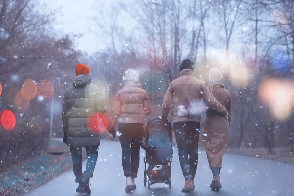 Winterspaziergang Park Junge Familie Mit Kleinem Kind Und Freunden Junge — Stockfoto