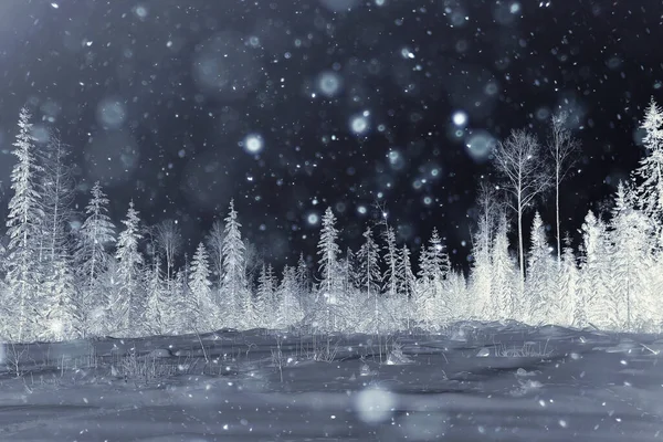 Nocny Las Bożonarodzeniowy Krajobraz Sylwester Śnieżnym Lesie — Zdjęcie stockowe
