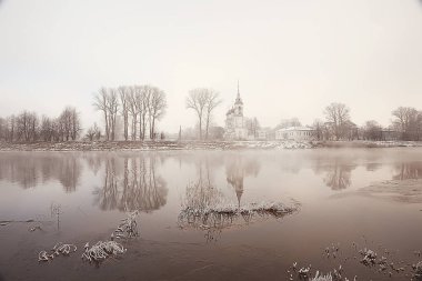 Vologda 'da dondurucu nehrin kıyısındaki kış manzarası kilisesi, Hristiyanlık vaftiz Rusya Noel' i.