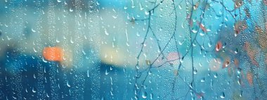 Dalların ıslak cam manzarası sonbaharda park yeri, soyut arkaplan damlaları Kasım akşamında pencere kenarında