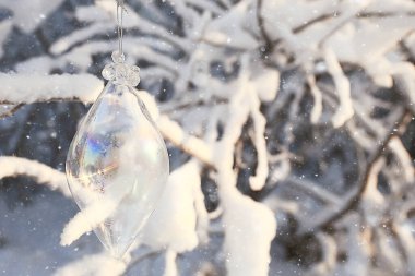 Cam Noel ağacı oyuncağı doğası, noel kartı Finlandiya, Laponya dekor manzarası