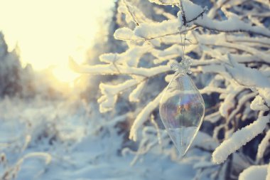 Cam Noel ağacı oyuncağı doğası, noel kartı Finlandiya, Laponya dekor manzarası