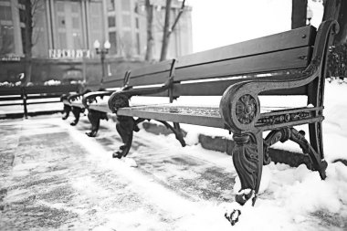 Şehir parkındaki manzara tezgahı Kış ayazı, Noel sabahı şehirde