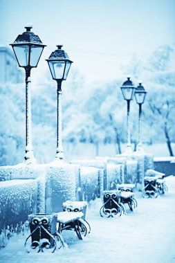 Şehir parkındaki manzara tezgahı Kış ayazı, Noel sabahı şehirde