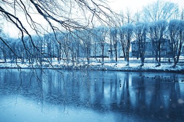 Kasım Park manzarası, Noel kar havası, göleti olan bir şehir parkı.