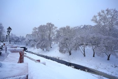 Şehir parkındaki manzara tezgahı Kış ayazı, Noel sabahı şehirde