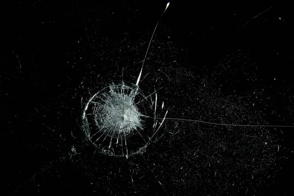 Cracks Black Glass Background Broken Abstract Glass Hole Destruction Concept — Stock Photo, Image