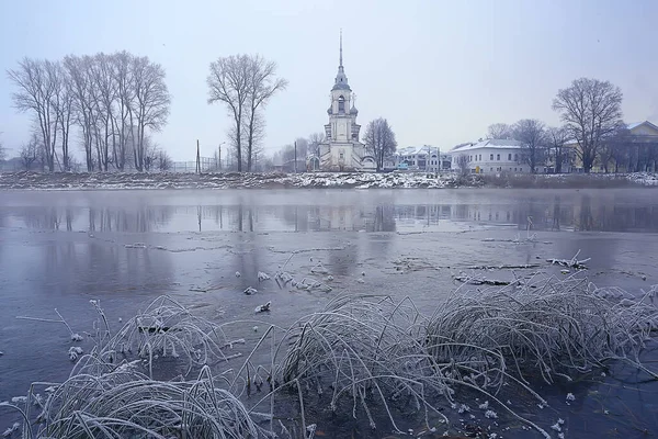 Winterlandschaft Kirche Ufer Des Zugefrorenen Flusses Wologda Christentaufe Russland Weihnachten — Stockfoto
