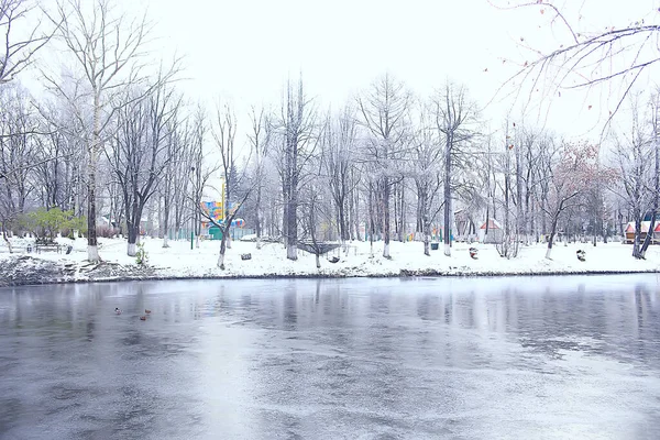 november park landscape, christmas snow weather, in a city park with a pond