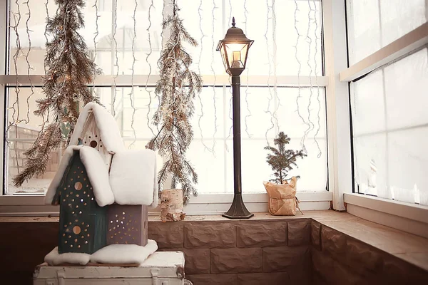 Karácsonyi Design Ablak Dekoráció Elvont Téli Háttér Ablak Házban — Stock Fotó