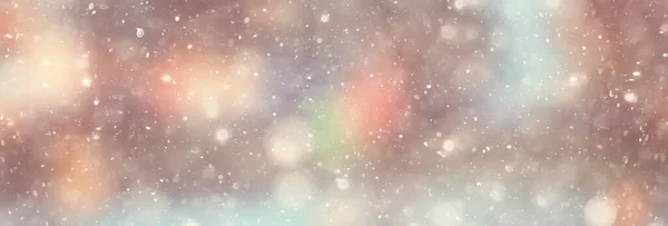 Kleurrijke Achtergrond Sneeuw Sneeuw Avond Kerstverlichting Zacht Licht Wazig — Stockfoto