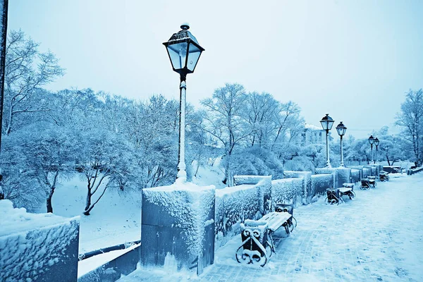 Landscape Bench City Park Winter Frost Christmas Morning City — Stock Photo, Image