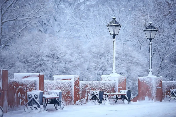 Лавка Міському Парку Зимові Морози Різдвяний Ранок Місті — стокове фото