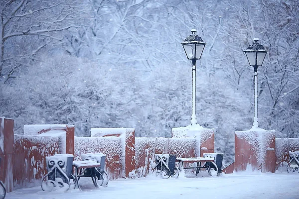 Banc Paysage Dans Parc Ville Gelée Hiver Matin Noël Dans — Photo