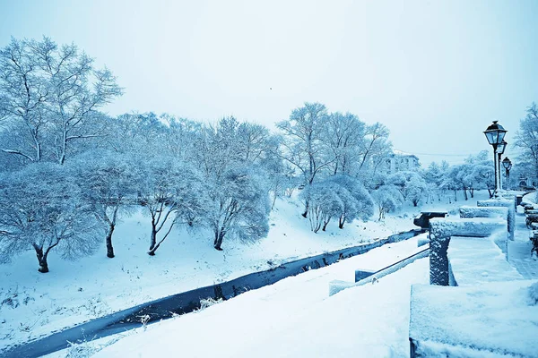 Παγκάκι Τοπίο Στο Πάρκο Της Πόλης Παγετός Χειμώνα Χριστούγεννα Πρωί — Φωτογραφία Αρχείου